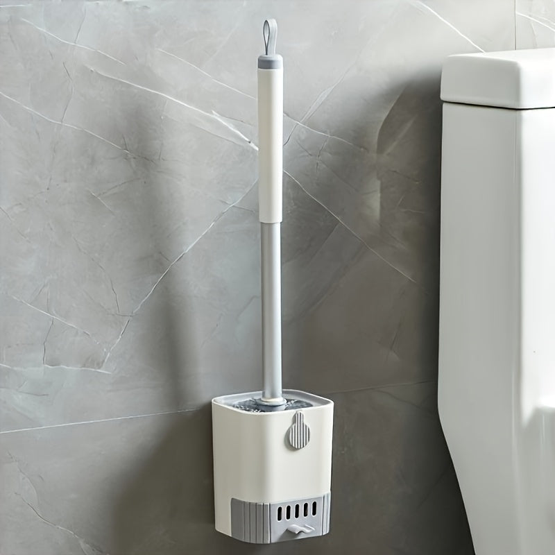 A Wall-Mounted Toilet Brush Set with a Long Handle - Featuring Soft Silicone Bristles, No Dead Corners, Equipped with a Paper Holder And Towel Rack, Manual And Non-Electric, Designed to Save Space.