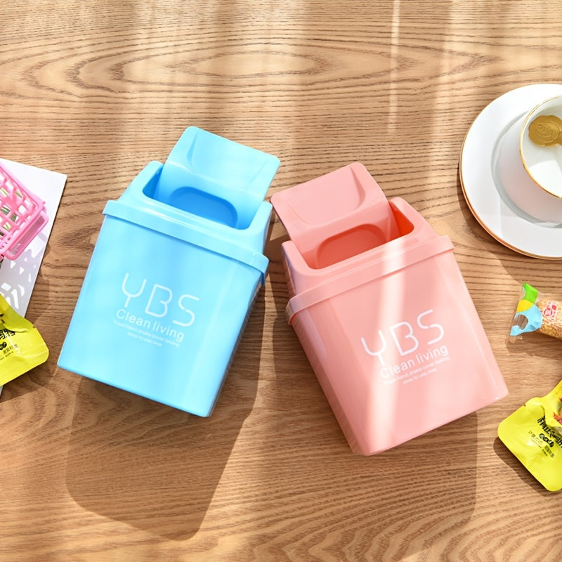 YBS Clean Living Mini Trash Can with Flip Lid – Square Desktop Waste Basket for Kitchen & Living Room, Durable PP Material, Light Blue\u002FWhite\u002FPink, Compact Design for Countertop or Tabletop Use