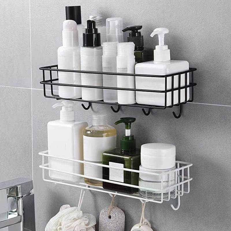 Wrought Iron Bathroom Shelf with Hooks, Wall Hanging Storage Rack, Painted Finish, No Drilling Required, Single Shelf Organizer for Shower Gel and Toiletries