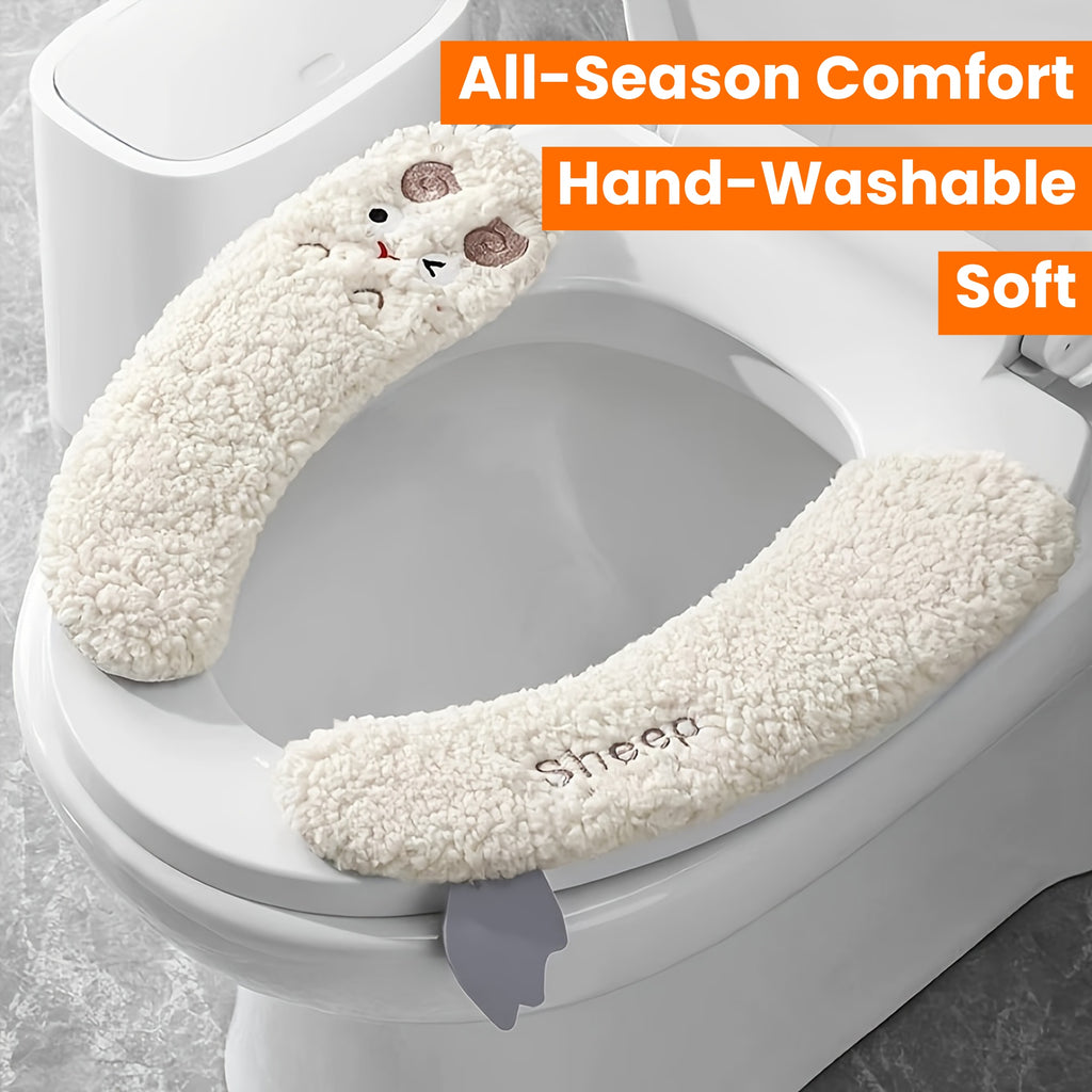 1 Pair of Plush Sheep-Shaped Toilet Seat Covers - Thick, Warm, Aseptic, All-Season Comfort, Soft Polyester, Hand-Washable with Adhesive Backing - Cute Bathroom Accessory