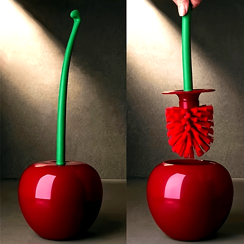 1pc Novelty Cherry-Shaped Toilet Brush with Holder, Creative Plastic Bathroom Accessory, Reusable Freestanding Toilet Brush with Multiple Components