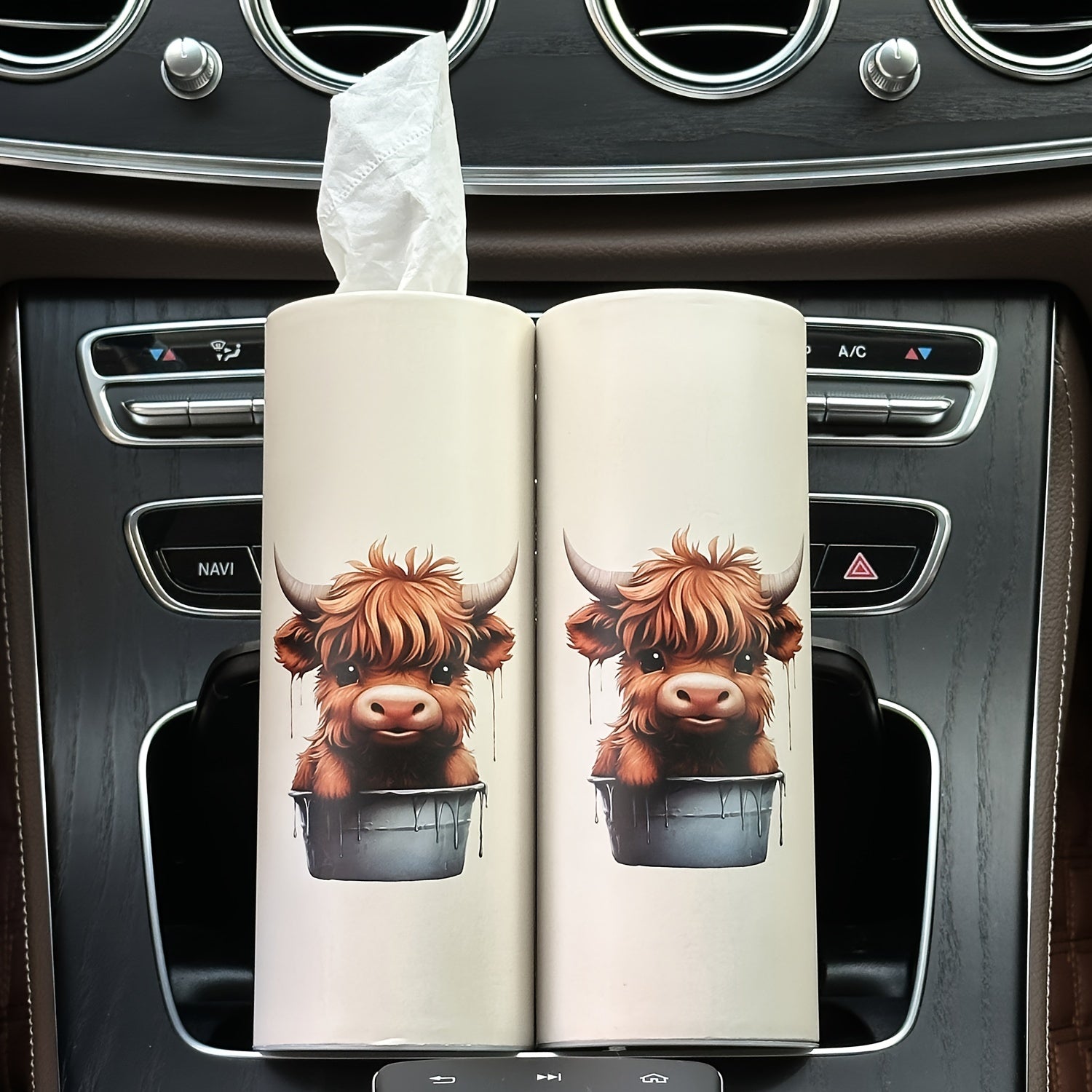 1pc Highland Cow Car Tissues Box with Facial Tissues - Travel Tissue Cylinder Tubes for Car Cup Holder, Round Tissue Case for Home Dining Table