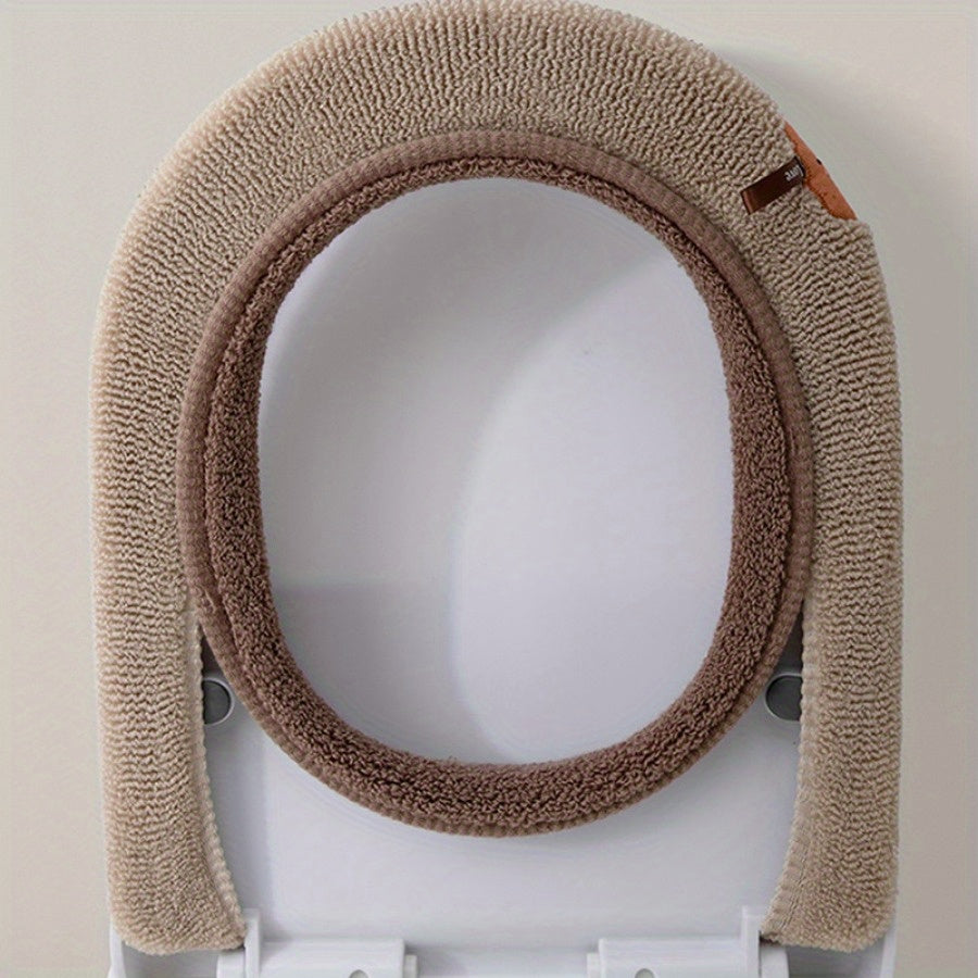 1pc Winter Warm Knitted Toilet Seat Cushion, Thickened Plush Fabric, All-Season, Full Coverage, Machine Washable with Convenient Handle for Home Comfort