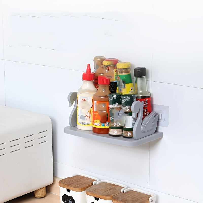 1pc Swan-Shaped Wall-Mounted Storage Rack, Plastic Rectangular Hanging Shelf with No-Drill Adhesive for Bathroom Vanity and Kitchen Organization, Toiletry Holder | Rectangular Shelf | Plastic Construction, Bathroom Organizers And Storage