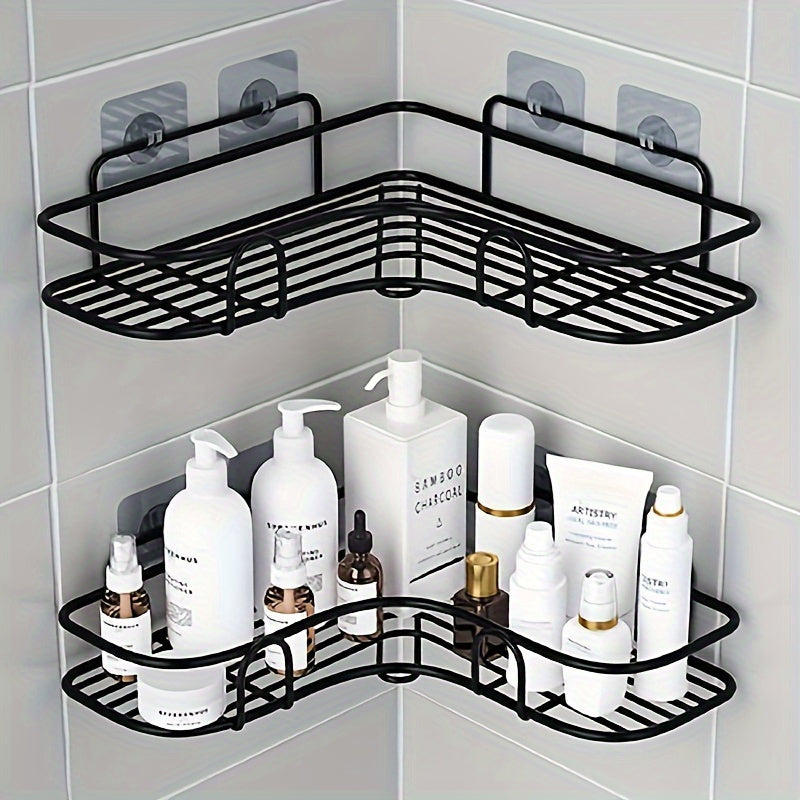 Rustproof Wall-Mounted Corner Shower Shelf - Black Plastic Bathroom Storage Rack for Shampoo, Toner, and Cosmetics, Space-Saving Design with Multiple Compartments, Bathroom Organizers And Storage