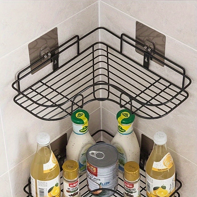 No-Drill Double-Row Bathroom Shelf with 4 Seamless Hooks & Adhesive Clips – Easy Install, Black Plastic Design for Organized Storage of Toiletries and Accessories, Utility Hook, Utility Hooks