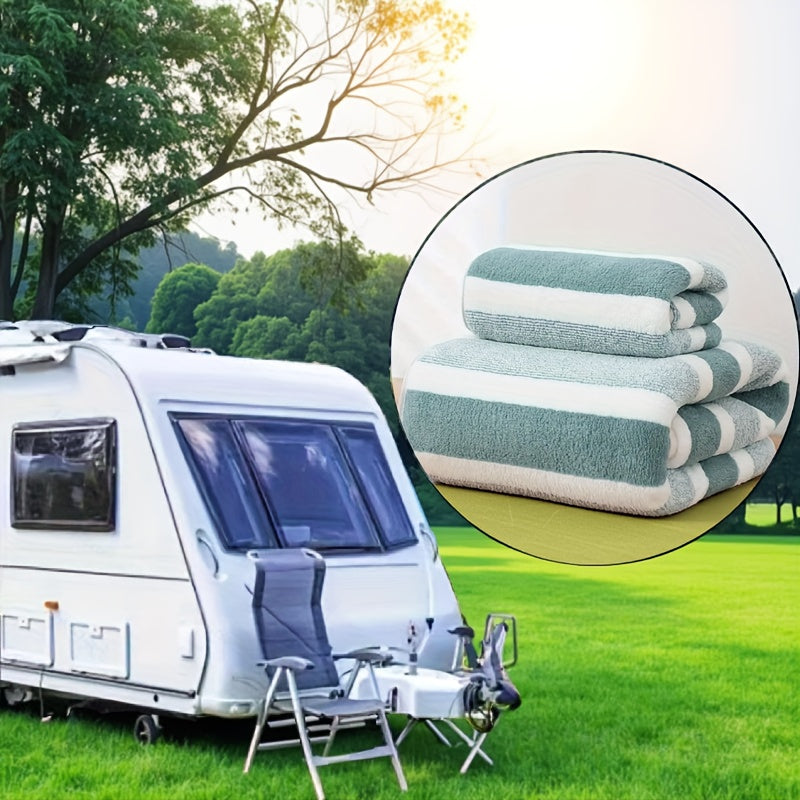 Luxury Striped Towel Set, Includes a Short Hand Towel and a Long Bath Towel - Highly Absorbent, Quick-Drying and Soft, Perfect for Home Use, Hotels, RV Travel, Outdoor Activities, Spas and Salons - Comes with a Bath Towel and a Hand Towel