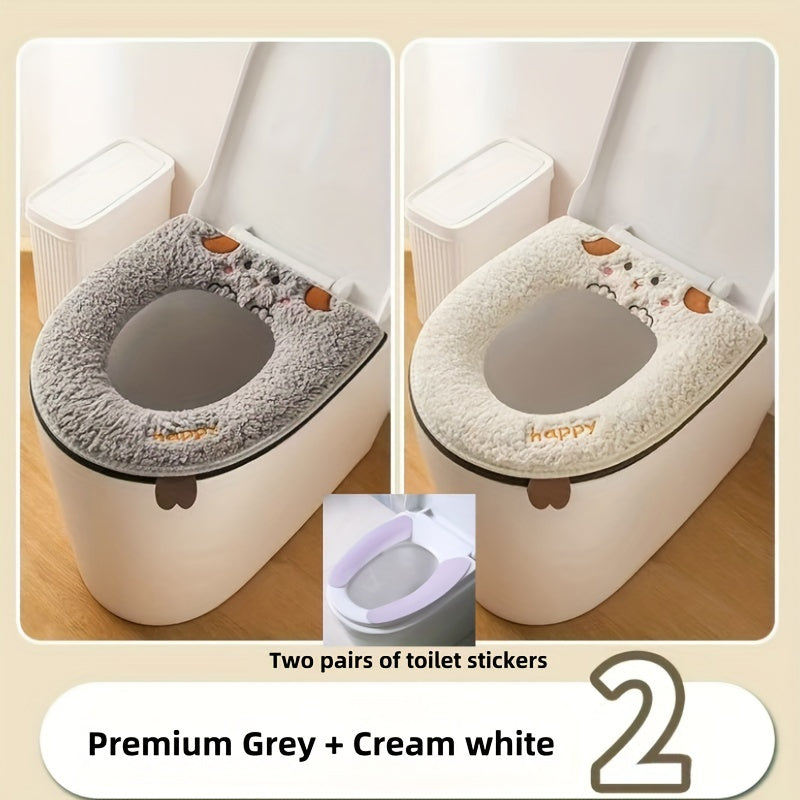 1pc Cute Cartoon Cat Design Toilet Seat Cover, Soft Polyester Fiber, Hand Washable, Water-Resistant, Universal Fit with Zipper, Thickened for All Seasons Comfort