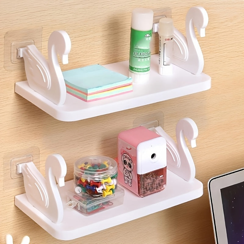 1pc Swan-Shaped Wall-Mounted Storage Rack, Plastic Rectangular Hanging Shelf with No-Drill Adhesive for Bathroom Vanity and Kitchen Organization, Toiletry Holder | Rectangular Shelf | Plastic Construction, Bathroom Organizers And Storage