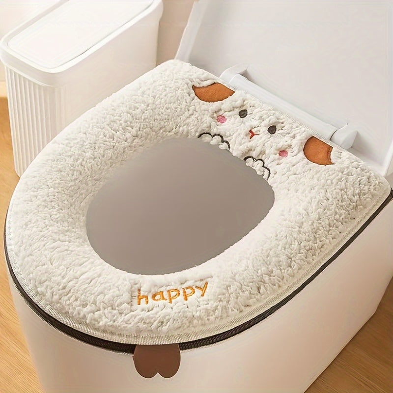 1pc Cute Cartoon Cat Design Toilet Seat Cover, Soft Polyester Fiber, Hand Washable, Water-Resistant, Universal Fit with Zipper, Thickened for All Seasons Comfort