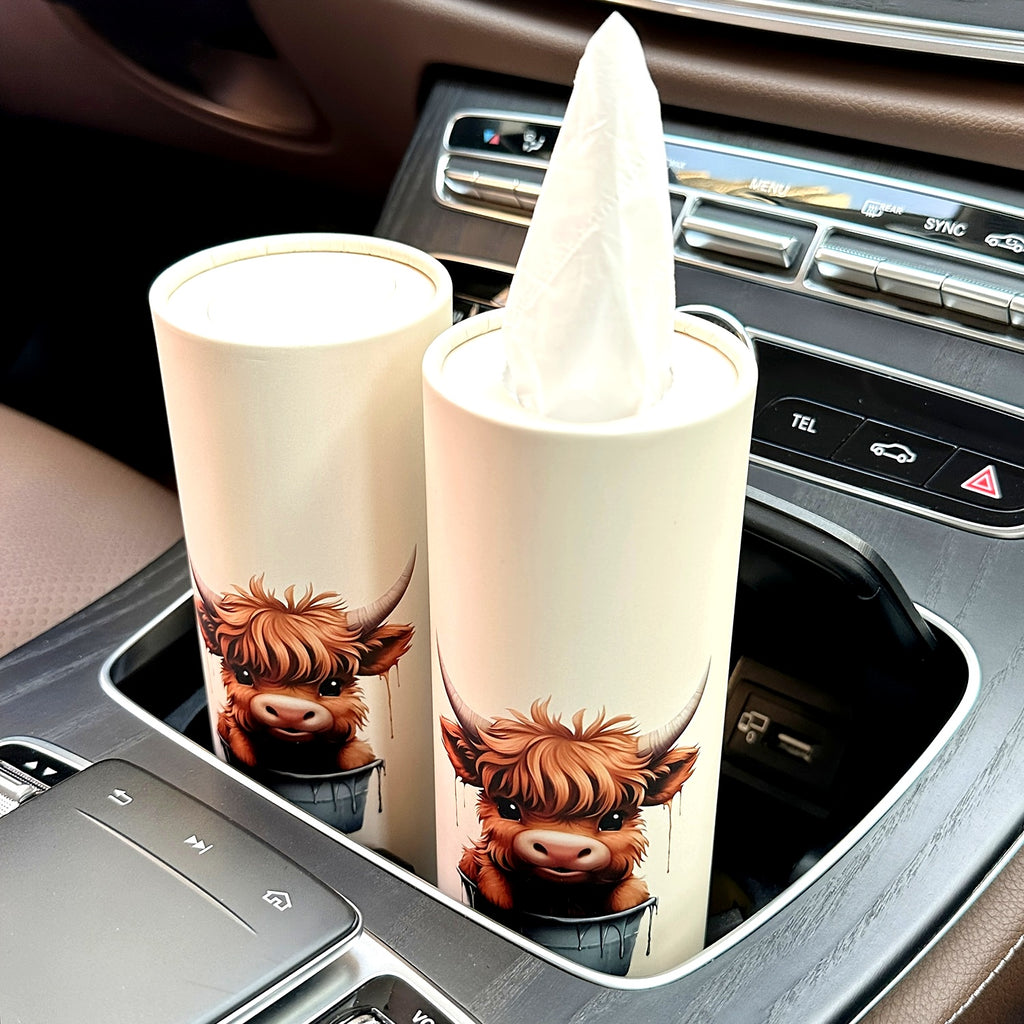 1pc Highland Cow Car Tissues Box with Facial Tissues - Travel Tissue Cylinder Tubes for Car Cup Holder, Round Tissue Case for Home Dining Table