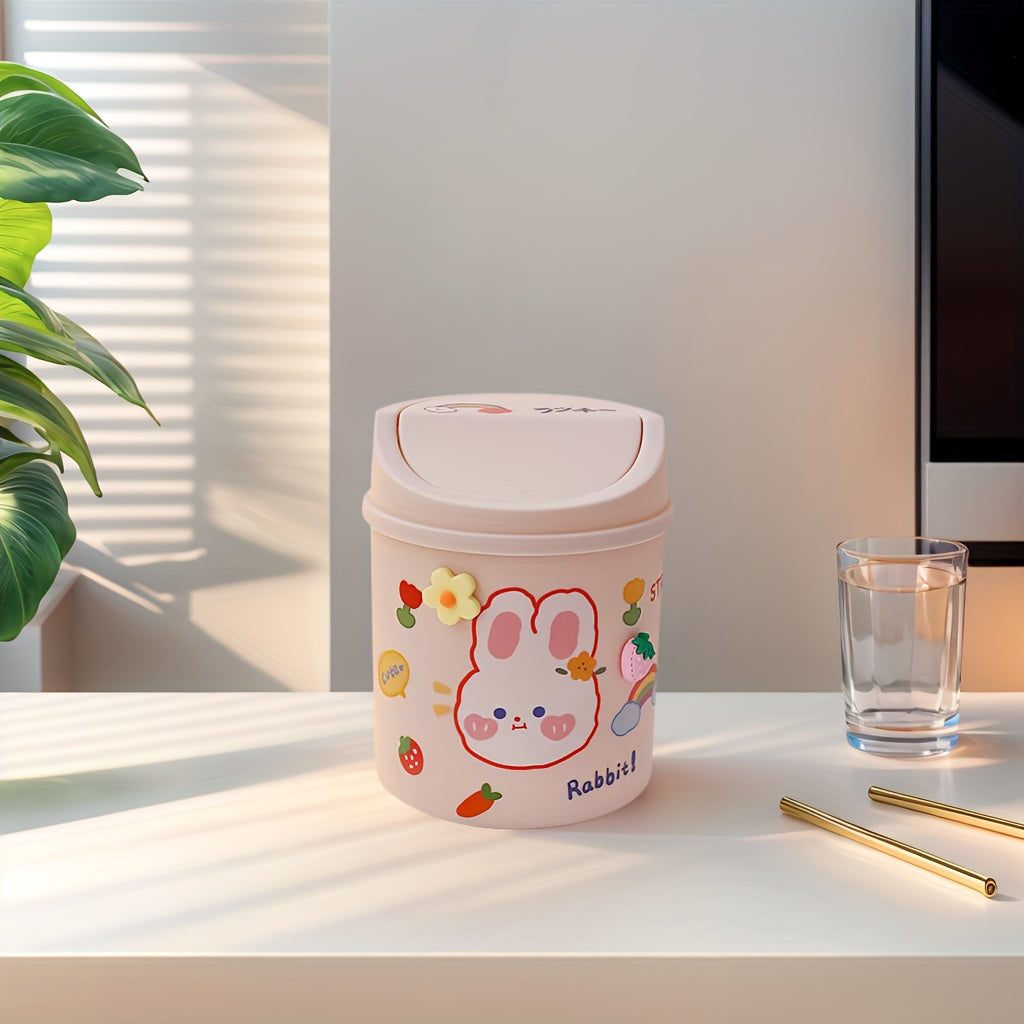 Compact Portable Flip-Top Desktop Trash Can - Space-Saving, Easy-to-Clean Mini Waste Bin with Cute Rabbit & Floral Design, Durable PP Material, Ideal for Home and Office Use, Office Trash Ca