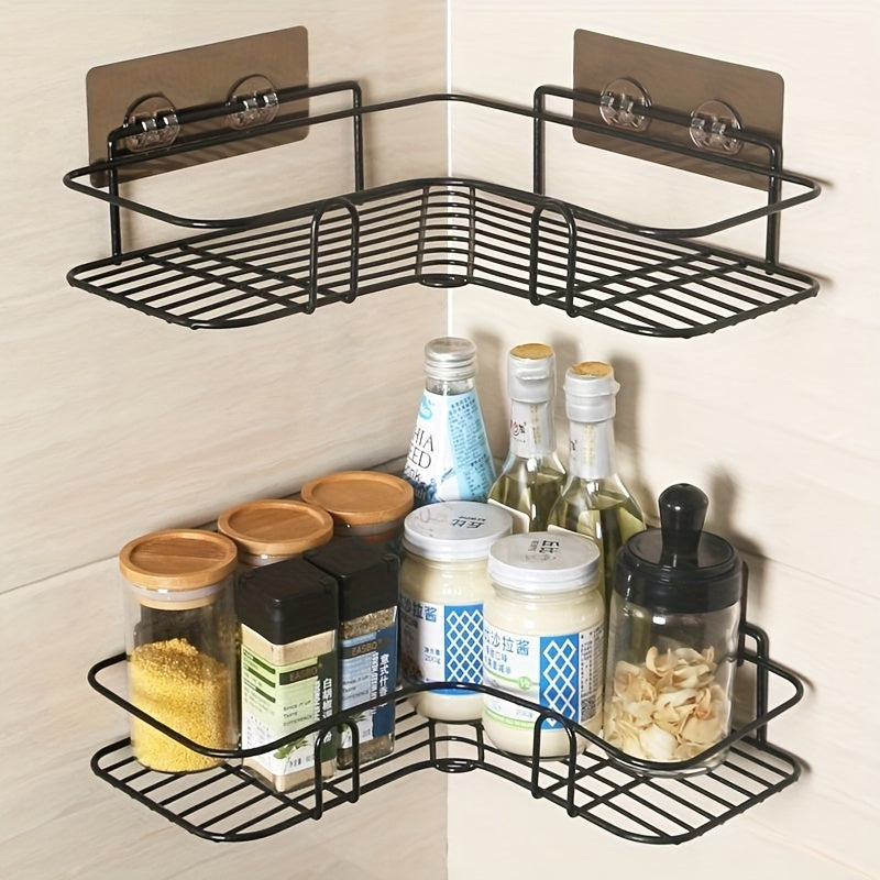 No-Drill Double-Row Bathroom Shelf with 4 Seamless Hooks & Adhesive Clips – Easy Install, Black Plastic Design for Organized Storage of Toiletries and Accessories, Utility Hook, Utility Hooks