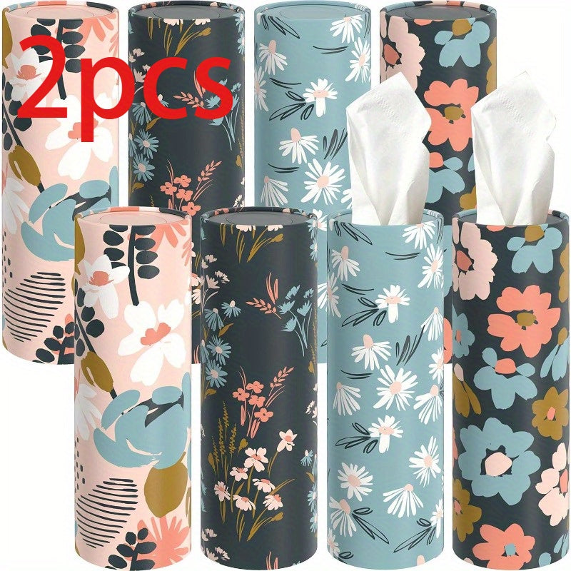 Floral Round Car Tissue Holder with Bulk Facial Tissues – Stylish Cylinder Tissue Box for Vehicle, Home, Office & Bathroom, Decorative Floral Patterns in Pink, Blue, Green & White, Office Tissue Dispenser | Floral Tissue Box | Sturdy Tissue Container