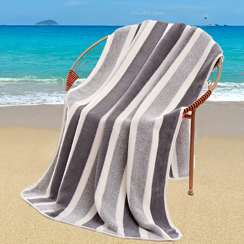 1pc Extra Large Lightweight Beach Towel and Bath Towel, Soft Striped Polyester Blend, Hand Wash Only, Tropical Style, Suitable for Adults, Pools, Travel, Camping, Cruise Ship Accessories - Seaside Towel