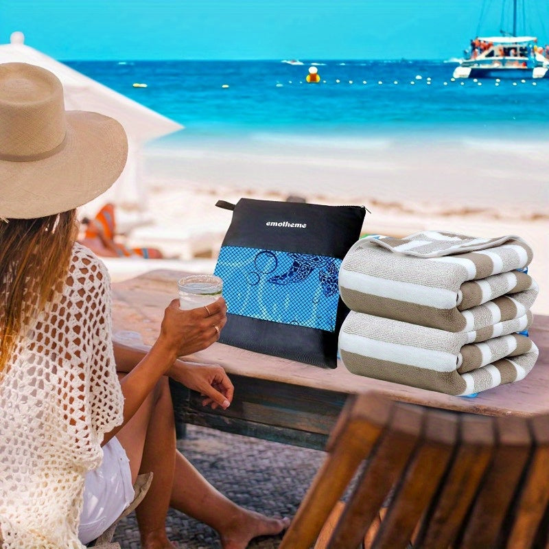 1pc Extra Large Lightweight Beach Towel and Bath Towel, Soft Striped Polyester Blend, Hand Wash Only, Tropical Style, Suitable for Adults, Pools, Travel, Camping, Cruise Ship Accessories - Seaside Towel