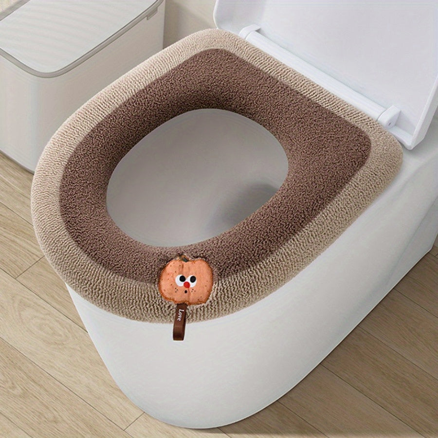 1pc Winter Warm Knitted Toilet Seat Cushion, Thickened Plush Fabric, All-Season, Full Coverage, Machine Washable with Convenient Handle for Home Comfort