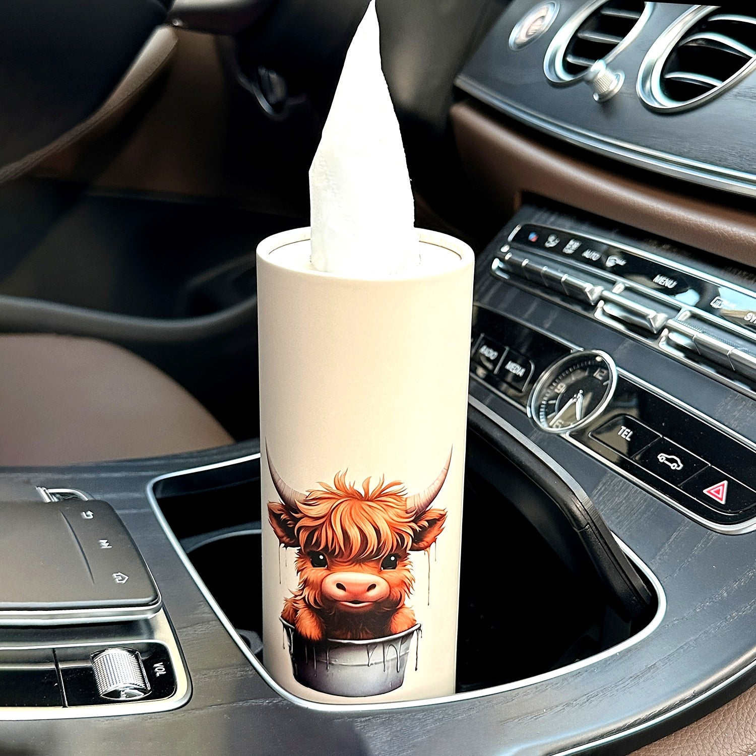 1pc Highland Cow Car Tissues Box with Facial Tissues - Travel Tissue Cylinder Tubes for Car Cup Holder, Round Tissue Case for Home Dining Table