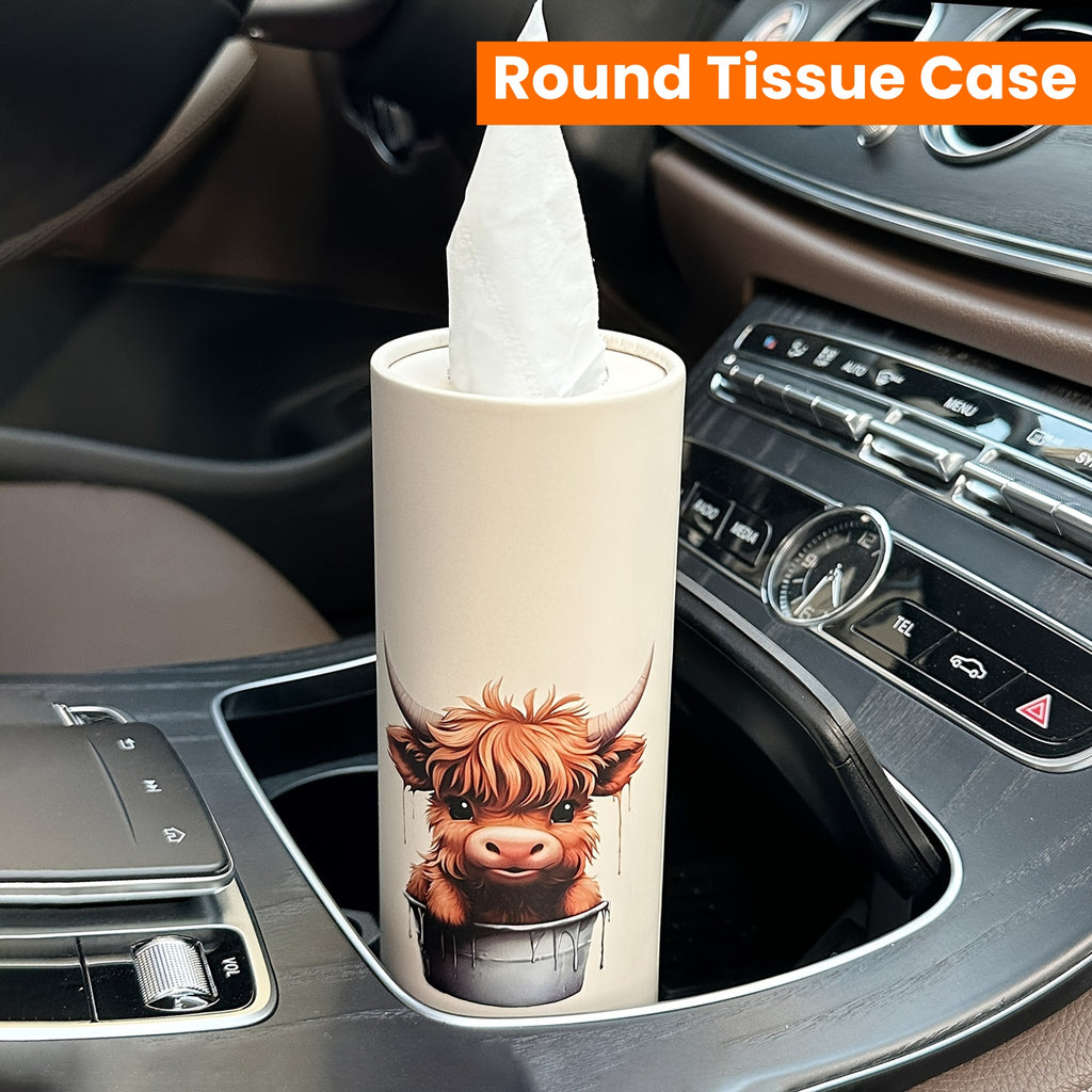 1pc Highland Cow Car Tissues Box with Facial Tissues - Travel Tissue Cylinder Tubes for Car Cup Holder, Round Tissue Case for Home Dining Table