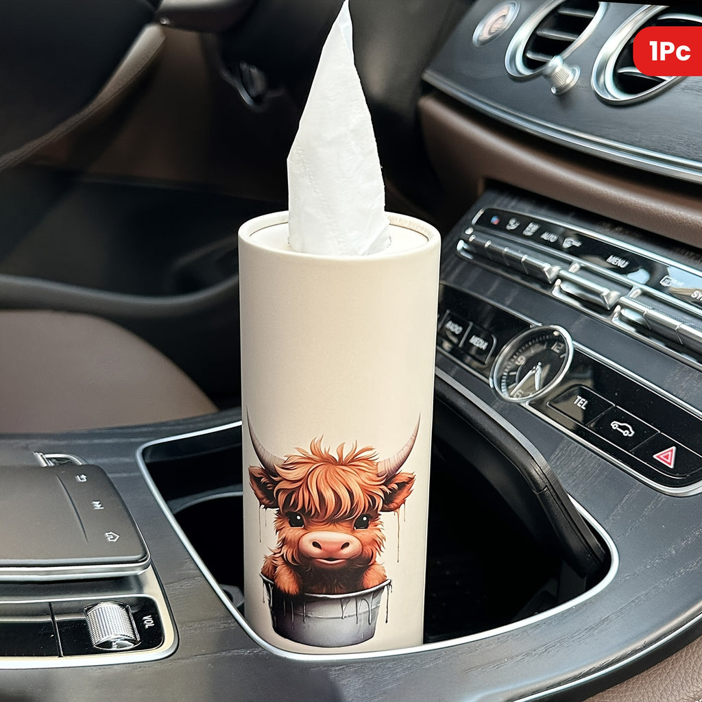 1pc Highland Cow Car Tissues Box with Facial Tissues - Travel Tissue Cylinder Tubes for Car Cup Holder, Round Tissue Case for Home Dining Table