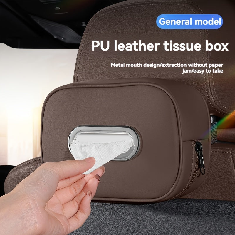 1pc PUPU PU Leather Car Tissue Box Holder, Multi-Functional Storage Organizer for Sun Visor, Seat Back, Armrest - Vehicle Interior Accessory