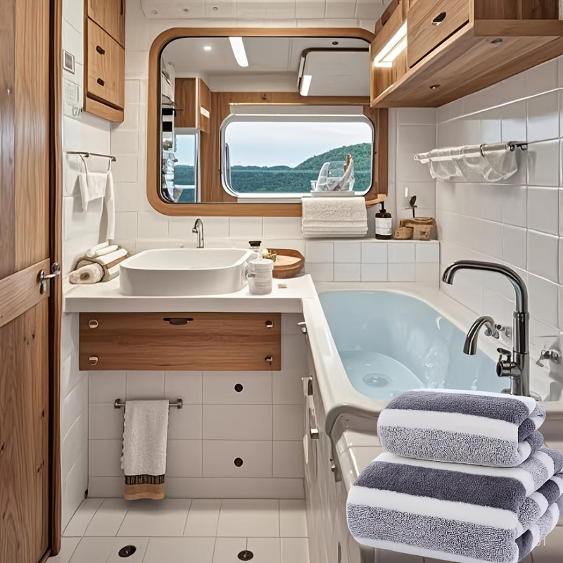 Luxury Striped Towel Set, Includes a Short Hand Towel and a Long Bath Towel - Highly Absorbent, Quick-Drying and Soft, Perfect for Home Use, Hotels, RV Travel, Outdoor Activities, Spas and Salons - Comes with a Bath Towel and a Hand Towel