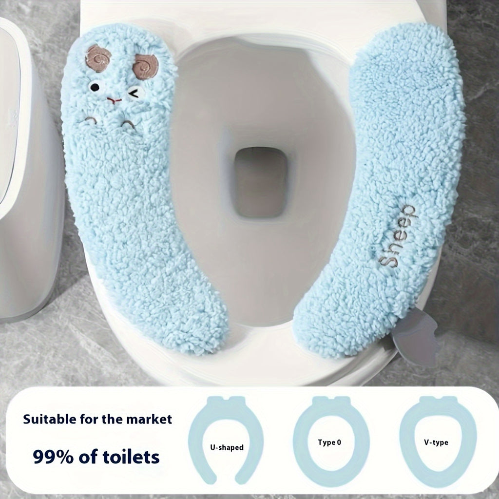 1 Pair of Plush Sheep-Shaped Toilet Seat Covers - Thick, Warm, Aseptic, All-Season Comfort, Soft Polyester, Hand-Washable with Adhesive Backing - Cute Bathroom Accessory