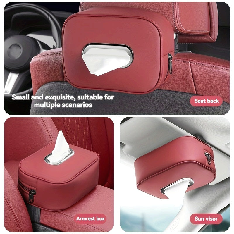 1pc PUPU PU Leather Car Tissue Box Holder, Multi-Functional Storage Organizer for Sun Visor, Seat Back, Armrest - Vehicle Interior Accessory