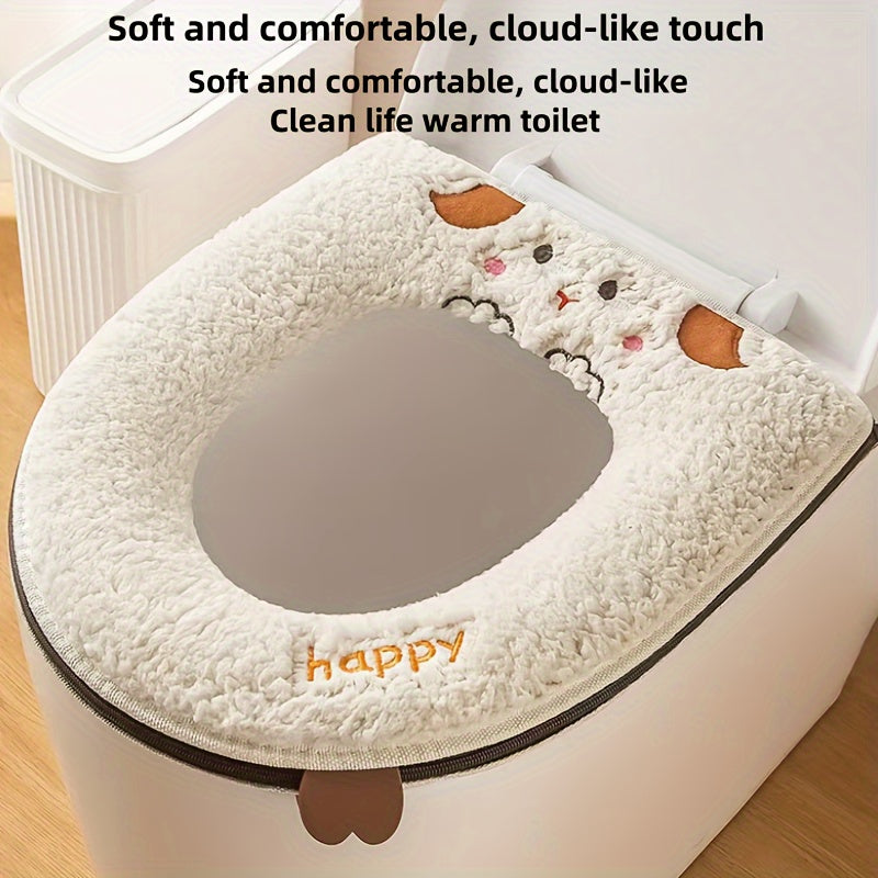 1pc Cute Cartoon Cat Design Toilet Seat Cover, Soft Polyester Fiber, Hand Washable, Water-Resistant, Universal Fit with Zipper, Thickened for All Seasons Comfort
