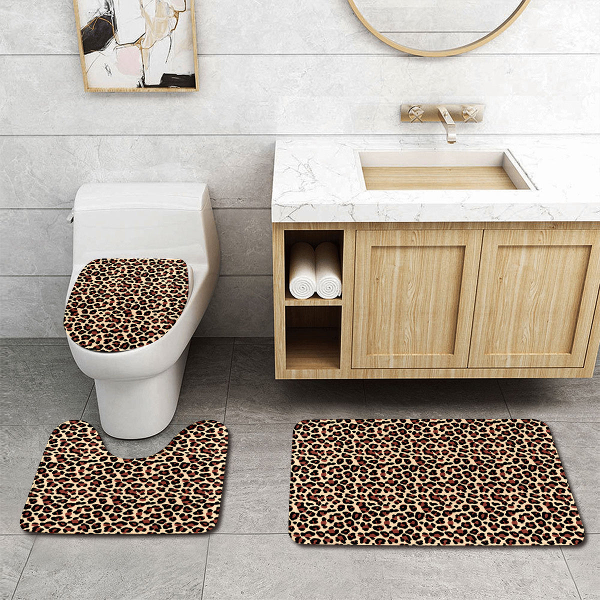 3pcs set Leopard Print Bathroom Mat, Bathroom Mat Set, Thickened Non-slip Quality Good machine washable Mat, Bathroom Decorations, Set includes Bath Rug, Contour Mat and Toilet Seat Cover Spring All-season Decoration