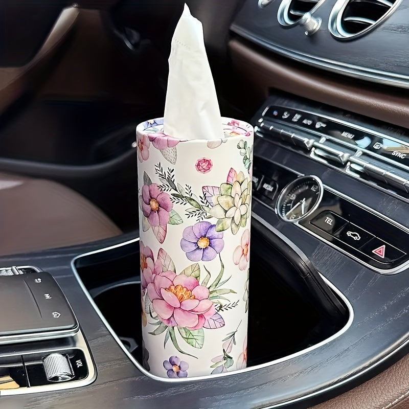 1pc White Flowers Car Tissues Box Holder - Travel Tissue Cylinder for Car Cup Holder and Home Dining Table
