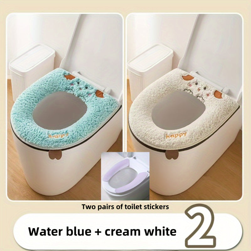 1pc Cute Cartoon Cat Design Toilet Seat Cover, Soft Polyester Fiber, Hand Washable, Water-Resistant, Universal Fit with Zipper, Thickened for All Seasons Comfort