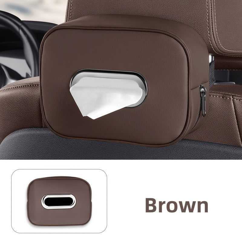 1pc PUPU PU Leather Car Tissue Box Holder, Multi-Functional Storage Organizer for Sun Visor, Seat Back, Armrest - Vehicle Interior Accessory