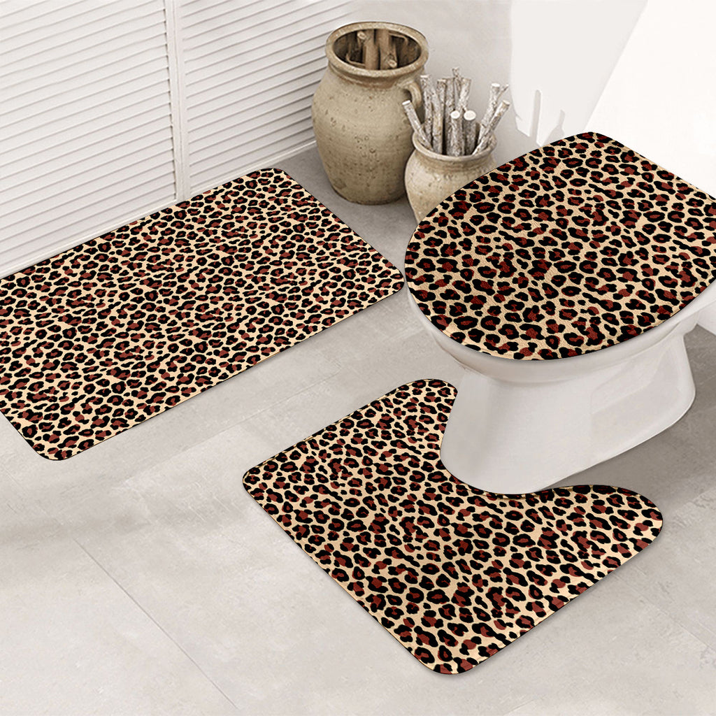 3pcs set Leopard Print Bathroom Mat, Bathroom Mat Set, Thickened Non-slip Quality Good machine washable Mat, Bathroom Decorations, Set includes Bath Rug, Contour Mat and Toilet Seat Cover Spring All-season Decoration