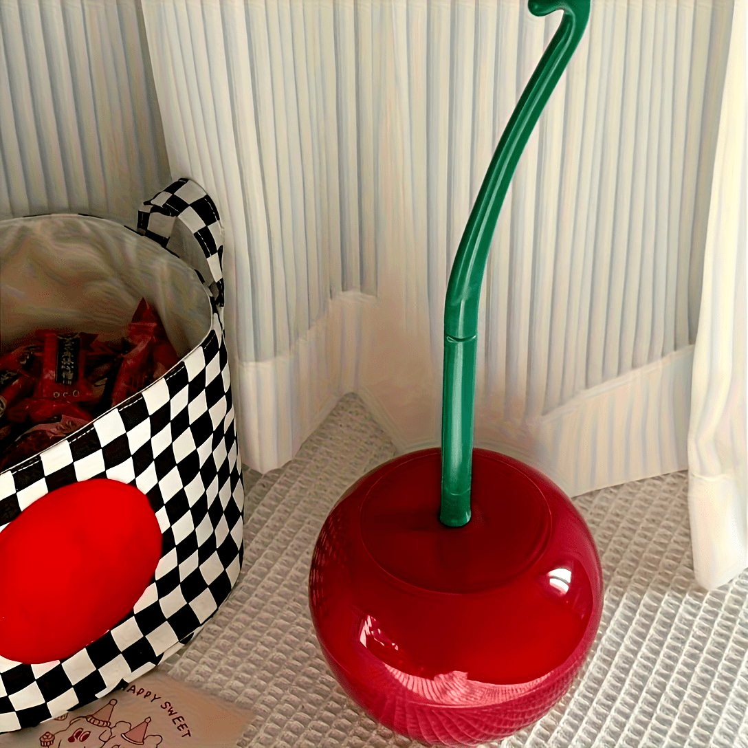1pc Novelty Cherry-Shaped Toilet Brush with Holder, Creative Plastic Bathroom Accessory, Reusable Freestanding Toilet Brush with Multiple Components