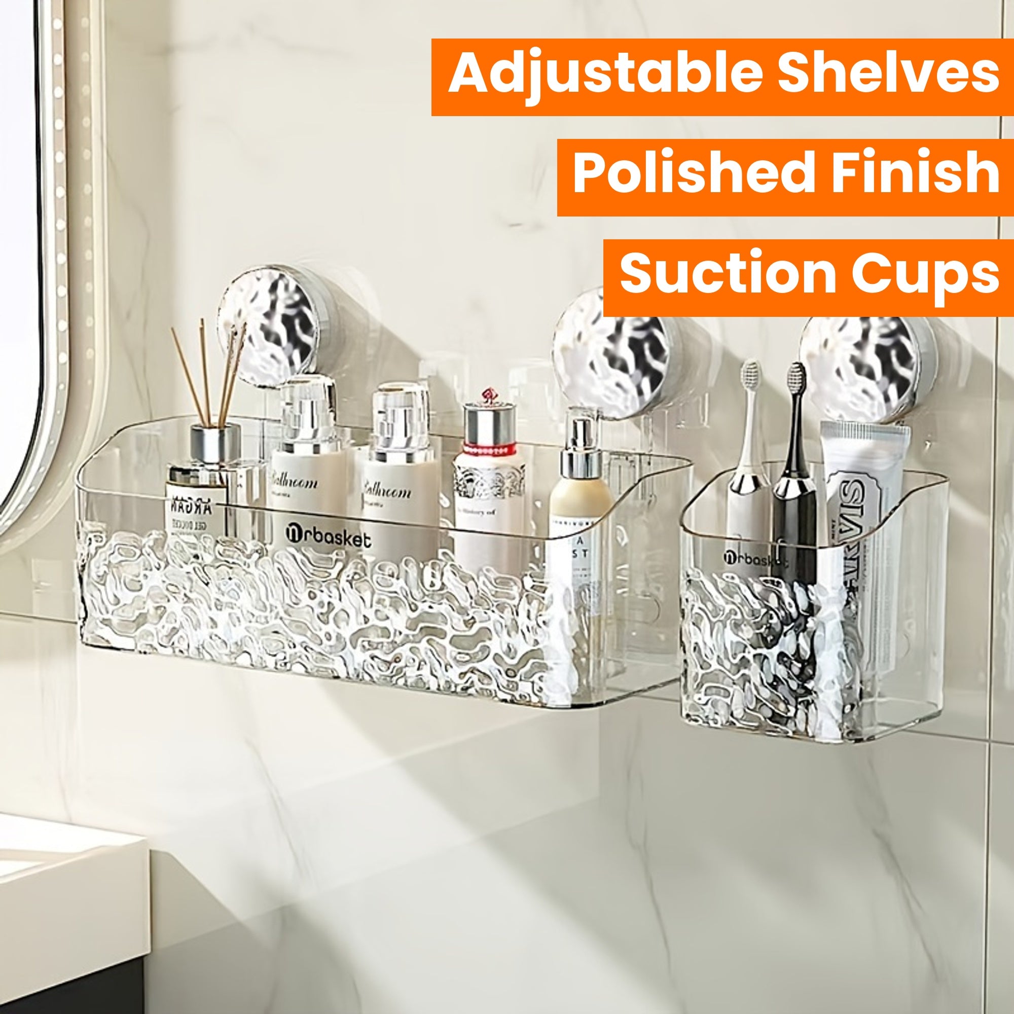 Wall Mount Shower Caddy Organizer with Adjustable Shelves, Polished Finish, Rectangle PET Bathroom Storage Rack for Cosmetics and Toiletries with Suction Cups, Glacier Pattern Design - 1pc