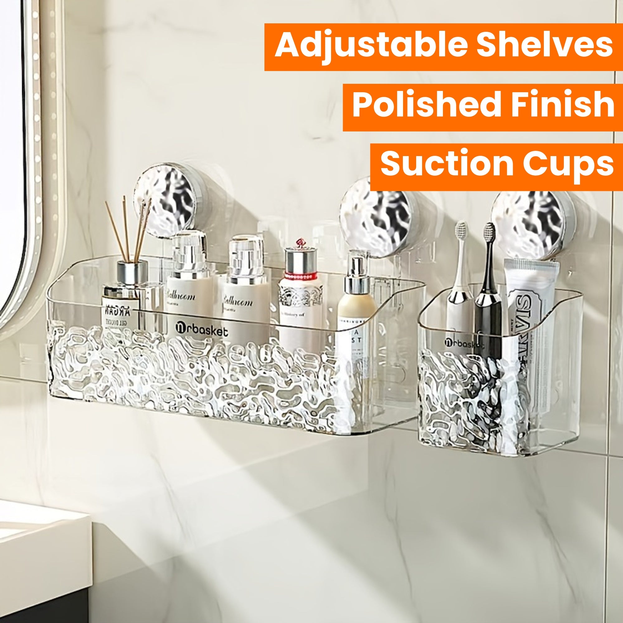 Wall Mount Shower Caddy Organizer with Adjustable Shelves, Polished Finish, Rectangle PET Bathroom Storage Rack for Cosmetics and Toiletries with Suction Cups, Glacier Pattern Design - 1pc