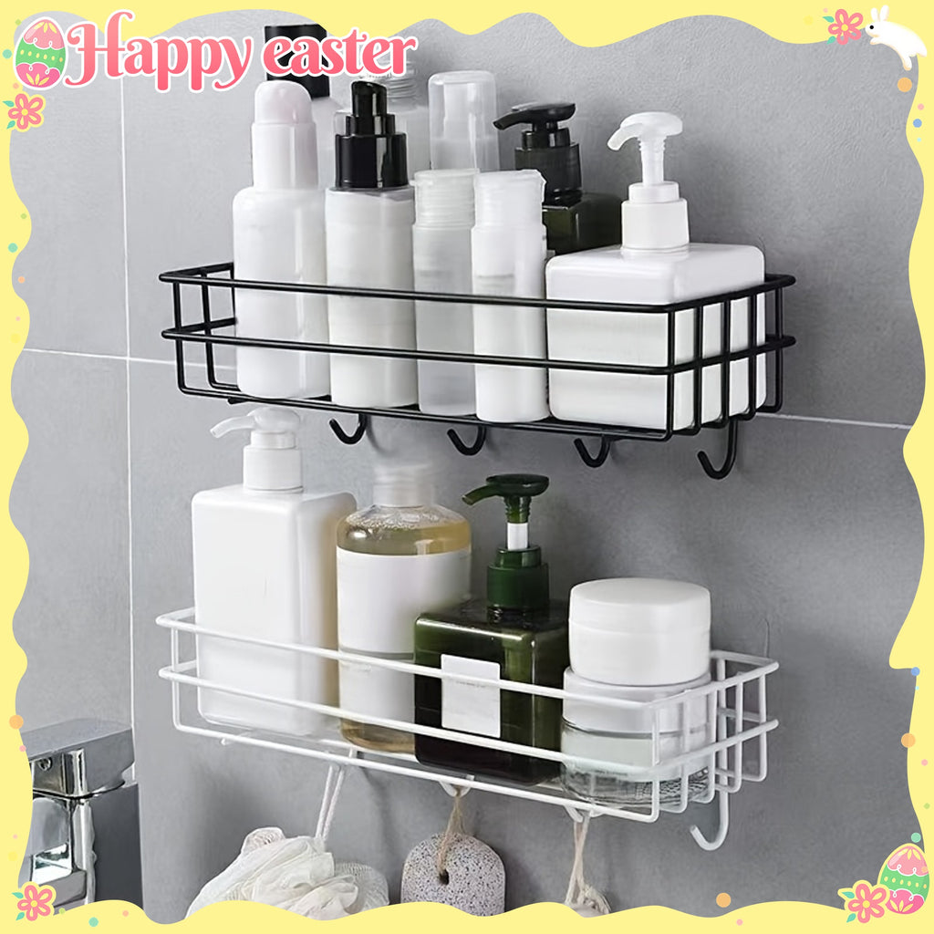Wrought Iron Bathroom Shelf with Hooks, Wall Hanging Storage Rack, Painted Finish, No Drilling Required, Single Shelf Organizer for Shower Gel and Toiletries
