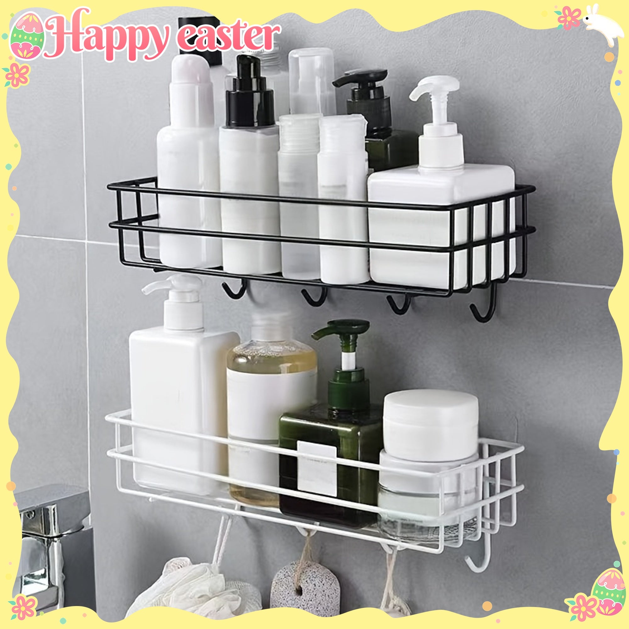 Wrought Iron Bathroom Shelf with Hooks, Wall Hanging Storage Rack, Painted Finish, No Drilling Required, Single Shelf Organizer for Shower Gel and Toiletries