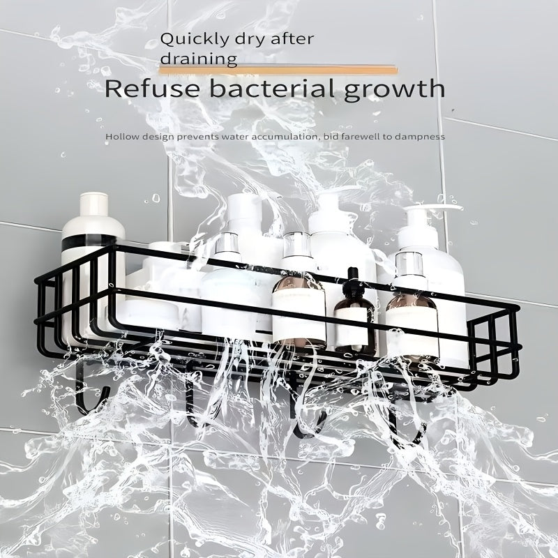 Wrought Iron Bathroom Shelf with Hooks, Wall Hanging Storage Rack, Painted Finish, No Drilling Required, Single Shelf Organizer for Shower Gel and Toiletries