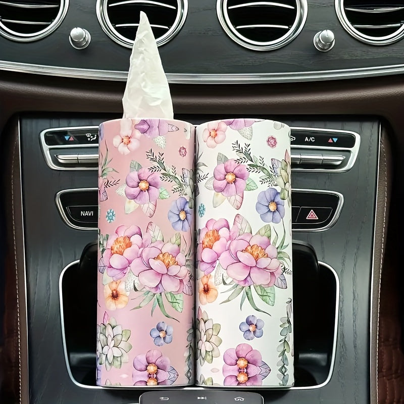 1pc White Flowers Car Tissues Box Holder - Travel Tissue Cylinder for Car Cup Holder and Home Dining Table