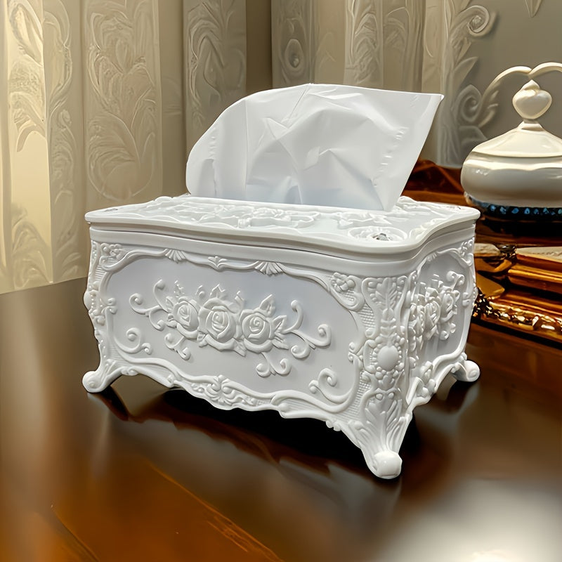 Elegant White Rose Pattern Tissue Box Holder - Square Plastic Napkin Dispenser for Bathroom, Living Room, Vanity & Hotel Use