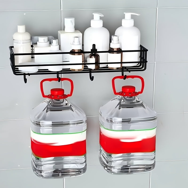 Wrought Iron Bathroom Shelf with Hooks, Wall Hanging Storage Rack, Painted Finish, No Drilling Required, Single Shelf Organizer for Shower Gel and Toiletries