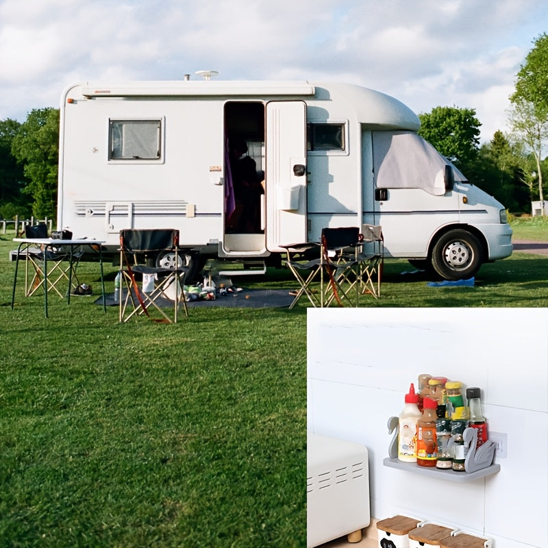 1pc Swan-Shaped Wall-Mounted Storage Rack, Plastic Rectangular Hanging Shelf with No-Drill Adhesive for Bathroom Vanity and Kitchen Organization, Toiletry Holder | Rectangular Shelf | Plastic Construction, Bathroom Organizers And Storage