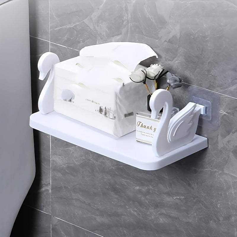 1pc Swan-Shaped Wall-Mounted Storage Rack, Plastic Rectangular Hanging Shelf with No-Drill Adhesive for Bathroom Vanity and Kitchen Organization, Toiletry Holder | Rectangular Shelf | Plastic Construction, Bathroom Organizers And Storage