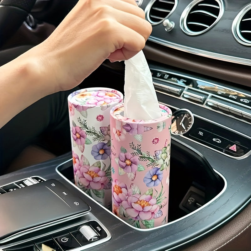 1pc White Flowers Car Tissues Box Holder - Travel Tissue Cylinder for Car Cup Holder and Home Dining Table