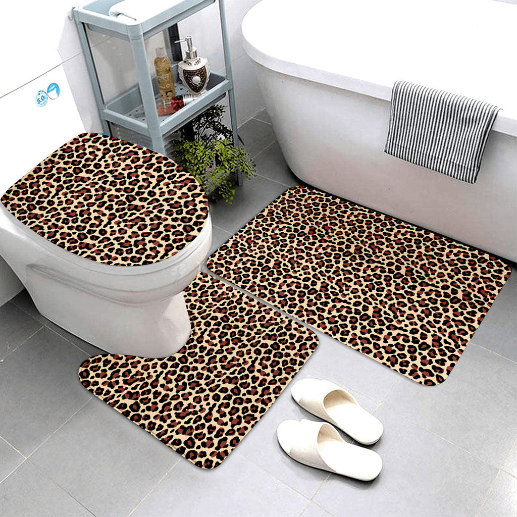 3pcs set Leopard Print Bathroom Mat, Bathroom Mat Set, Thickened Non-slip Quality Good machine washable Mat, Bathroom Decorations, Set includes Bath Rug, Contour Mat and Toilet Seat Cover Spring All-season Decoration