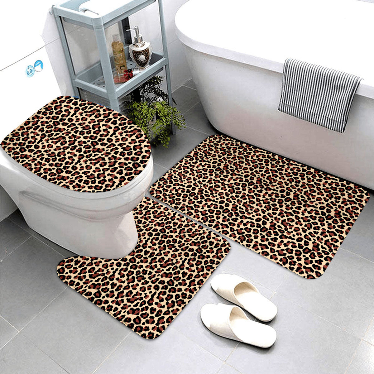 3pcs set Leopard Print Bathroom Mat, Bathroom Mat Set, Thickened Non-slip Quality Good machine washable Mat, Bathroom Decorations, Set includes Bath Rug, Contour Mat and Toilet Seat Cover Spring All-season Decoration