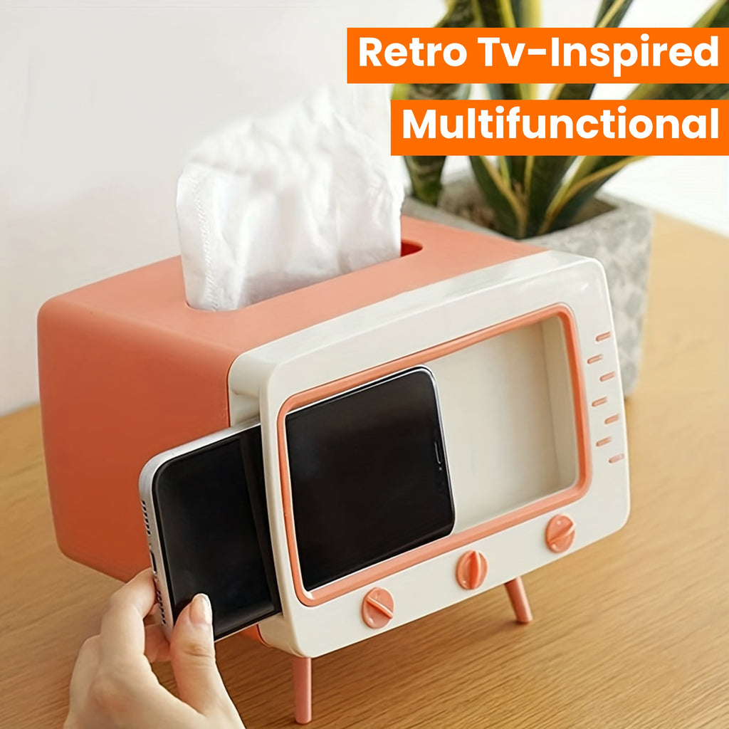Retro Tv-Inspired Tissue Box Holder with Mobile Phone Dock - Multifunctional Rectangle Plastic Dispenser for Home & Office Decor - 1 PC Halloween, Christmas Decorations