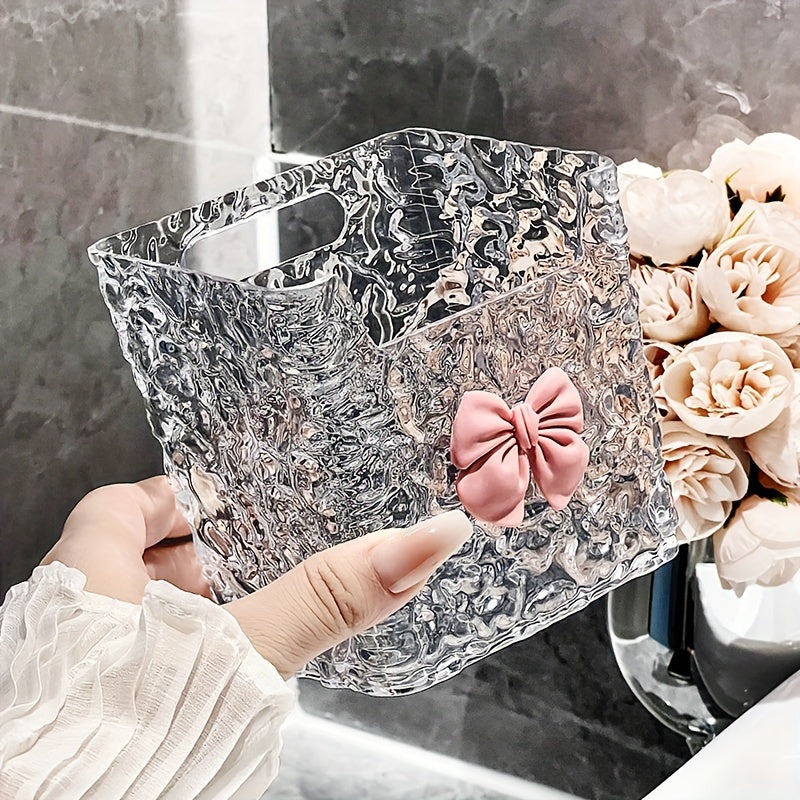 Transparent Glacier Texture Wall-mounted Storage Box with Pink Bow Design - Perfect for Toothpaste, Toothbrushes and Cosmetics - Stylish Bathroom Accessories, Bathroom Storage and Storage, AYQW, Shelf, Shelves